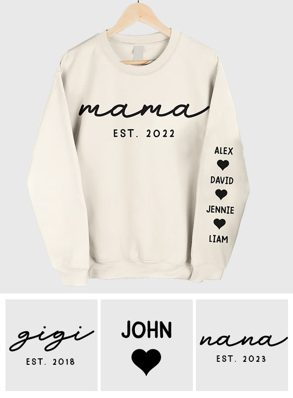 Mama Est. Kids Kindernamen auf den Ärmeln - Personalisiertes Mutter-Shirt mit Rundumdruck