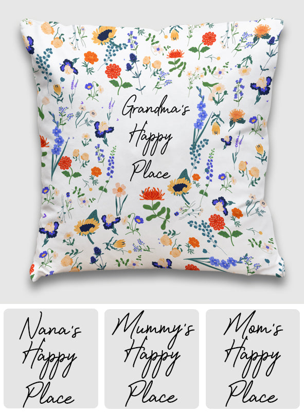 Kissen „Glücksort“ im botanischen Blumenstil – personalisiertes Oma-Kissen