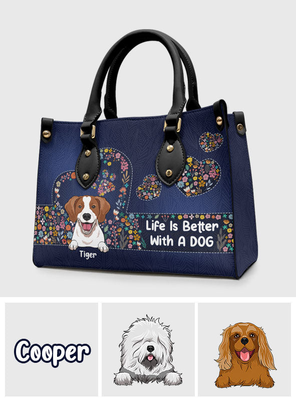 Das Leben ist schöner mit Hunden – personalisierte Lederhandtasche mit Hundemotiv