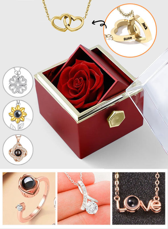 Personalisierte, drehbare Rosenbox für Paare mit Schmuck
