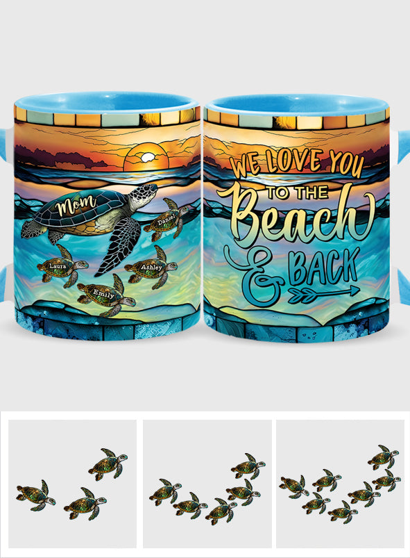 Ich liebe dich bis zum Strand und zurück, Schildkrötenmutter und Kinder – personalisierte Tasse mit Schildkrötenmotiv