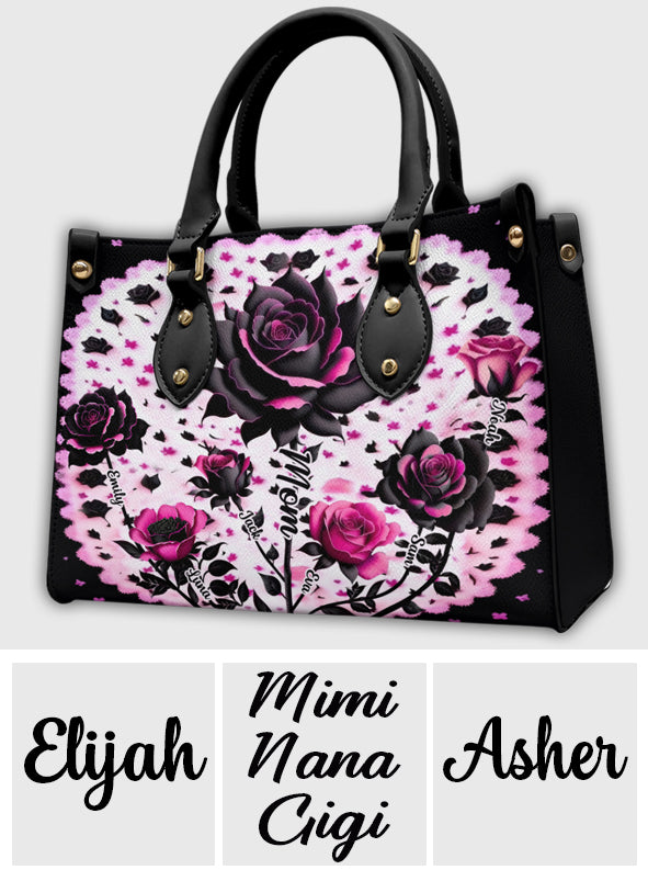 Mutter, Oma und Kinder, Schwarze und rosa Rosen – Personalisierte Mutter-Lederhandtasche