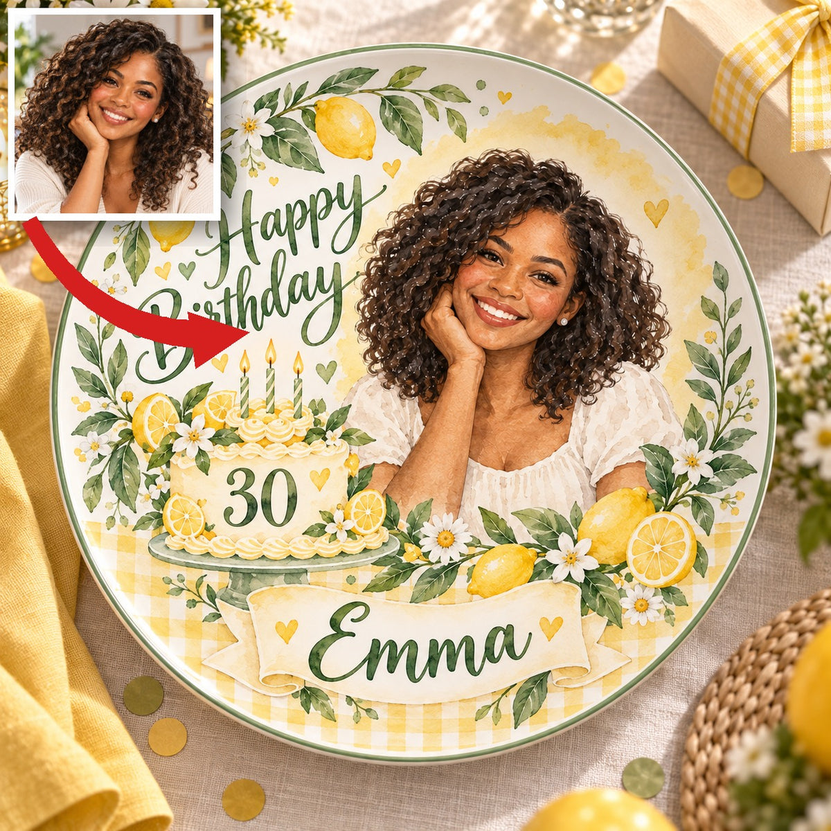 Personalized Lemon Birthday Ceramic Plate - Watercolor Portrait, Custom Name and Age