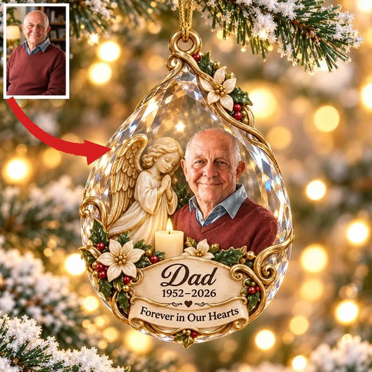 Personalized Custom Photo Dad Memorial Angel Candle Teardrop 3D Ornament - Christmas Remembrance Keepsake