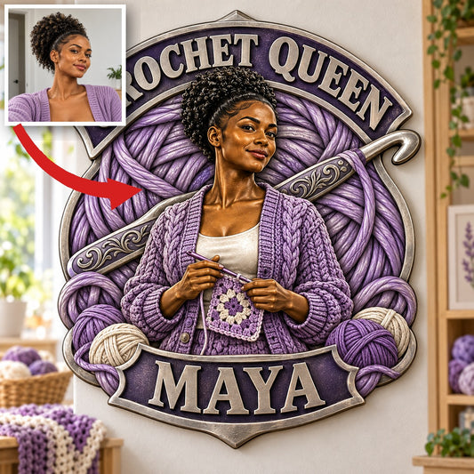 Personalized Custom Photo Crochet Queen 3D Printed Cut Metal Sign - Gift for Young Women