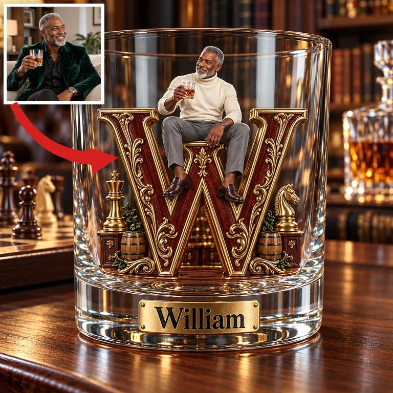 Personalized Custom Photo Chess Monogram Whiskey Glass - Gift for Older Men Who Love Whiskey