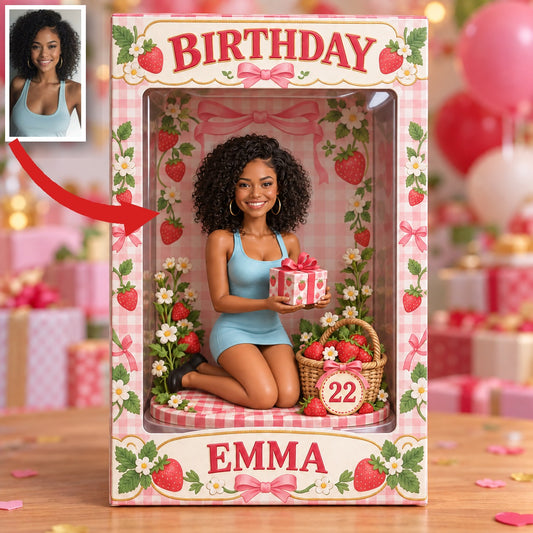 Personalized Birthday Window Box - Strawberry Portrait Figurine, Name and Age