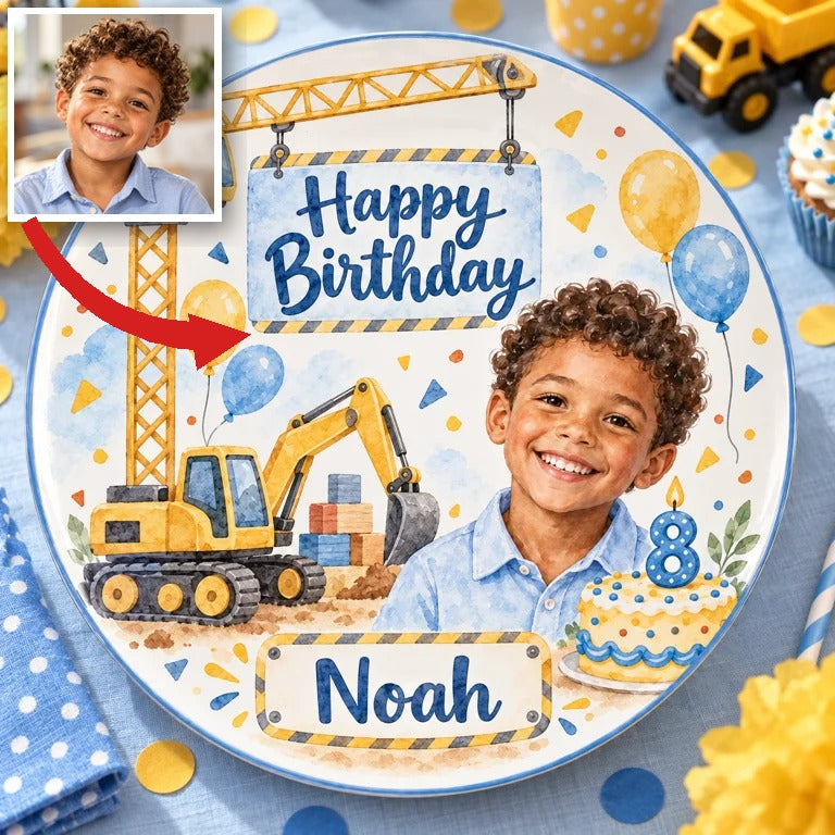 Personalized Construction Ceramic Plate - Birthday Watercolor Portrait, Custom Name and Age
