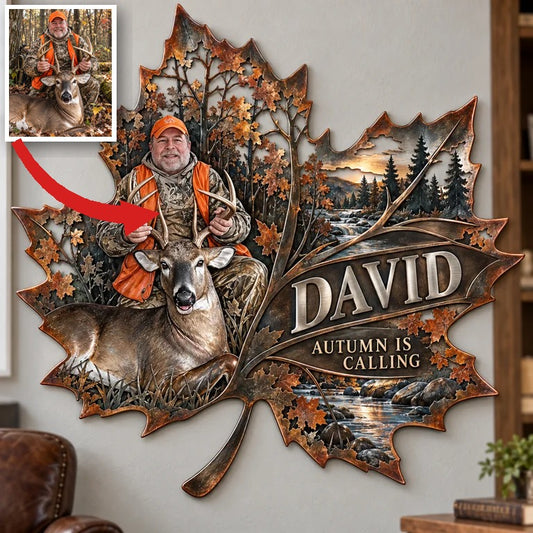 Personalisierte Jagd Metall-Schild - Herbst-Ahornblatt Wandkunst mit Foto, Name und Text