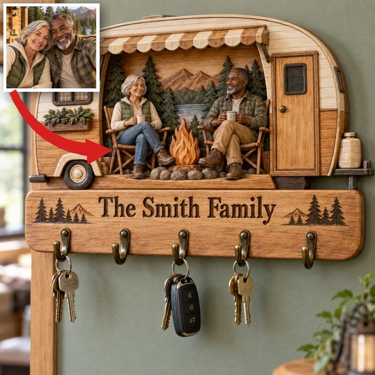 Personalized Camping Key Rack - Camper Shape with 5 Hooks