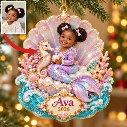 Personalized Custom Photo Mermaid 3D Ornament - 2026 Christmas Gift for Little Girls