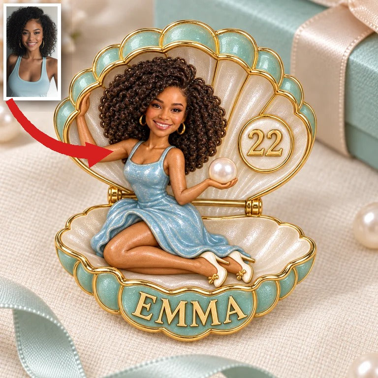 Personalized Birthday Shell Brooch - Pearl, Portrait, Name and Age