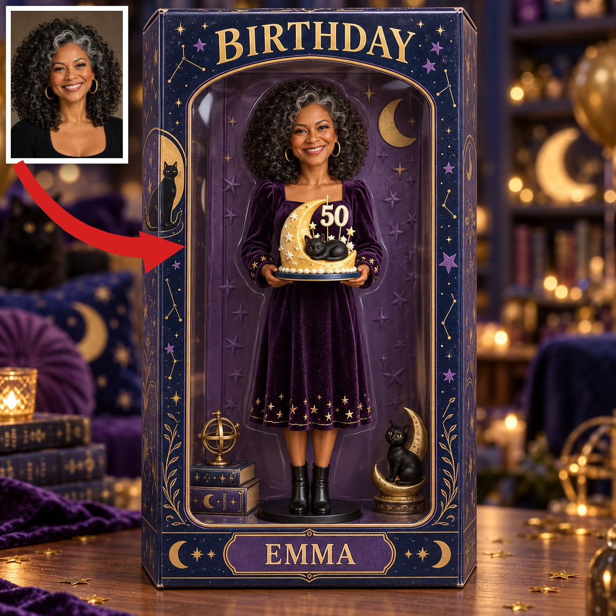 Personalized Witch Acrylic Display Box - Celestial Black Cat Birthday Figurine Gift