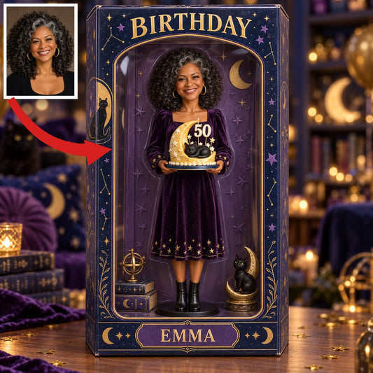 Personalized Witch Acrylic Display Box - Celestial Black Cat Birthday Figurine Gift