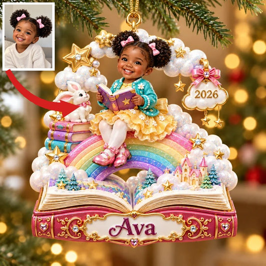 Personalized Custom Photo Rainbow Storybook 3D Ornament - 2026 Christmas Gift for Little Girls