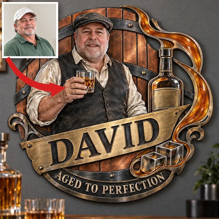Personalized Whiskey Lover Metal Wall Art - Custom Portrait and Name, Home Bar Decor