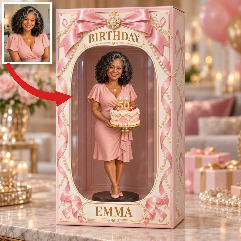 Personalized Custom Photo Pearl Bow Figurine in Acrylic Display Box - 50th Birthday Gift for Women