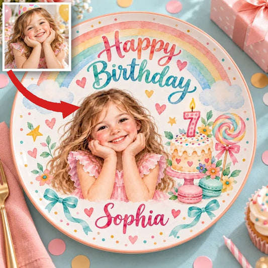 Personalized Birthday Ceramic Round Plate - Rainbow Watercolor Portrait Gift