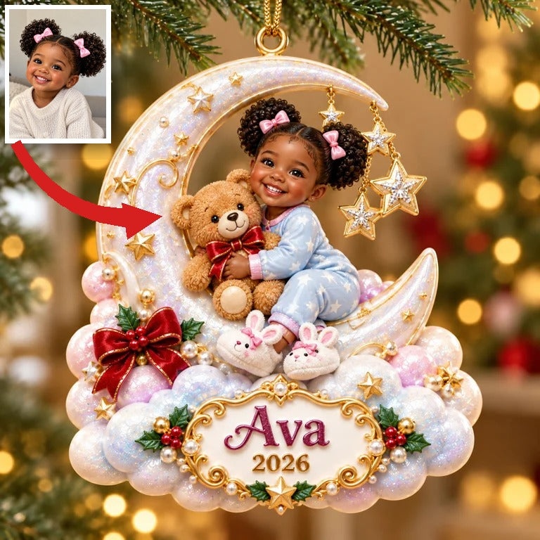 Personalized Custom Photo Crescent Moon and Teddy Bear 3D Ornament - 2026 Christmas Gift for Little Girls