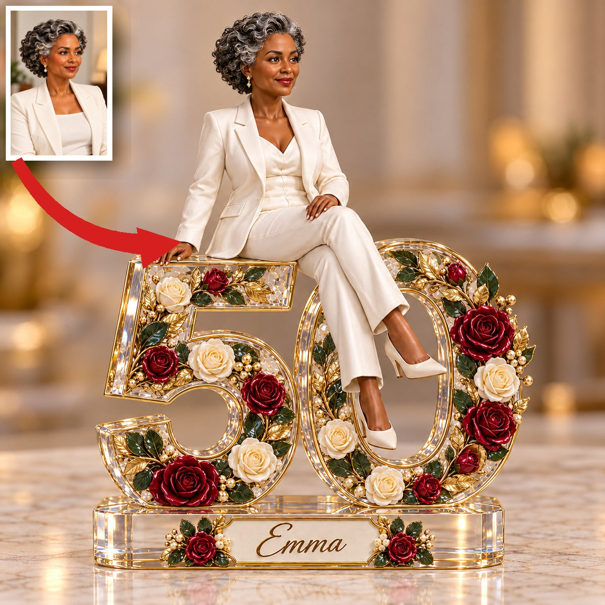 Personalized Custom Photo Burgundy Rose Custom Shaped Acrylic Plaque - 50th Birthday Gift for Women