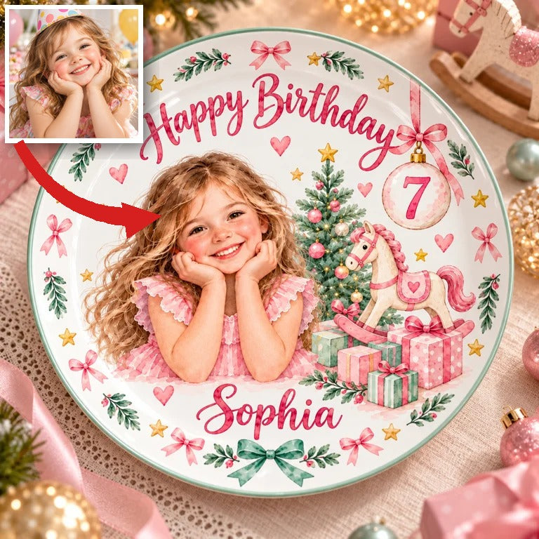 Personalized Birthday Ceramic Round Plate - Pink Christmas Portrait, Rocking Horse, Custom Name and Age