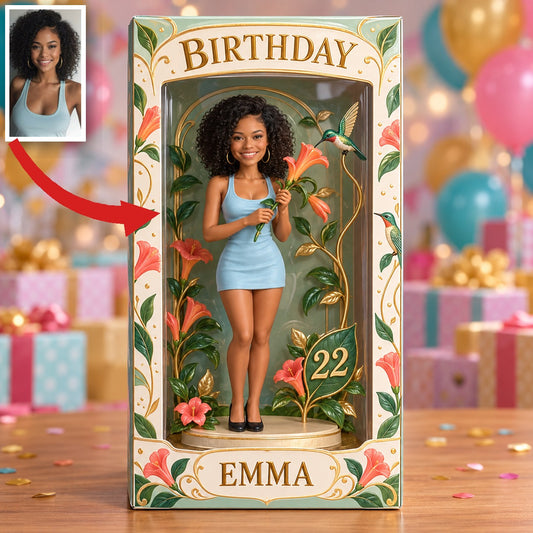 Personalized Birthday Display Box - Portrait Figurine with Hummingbird, Name and Age