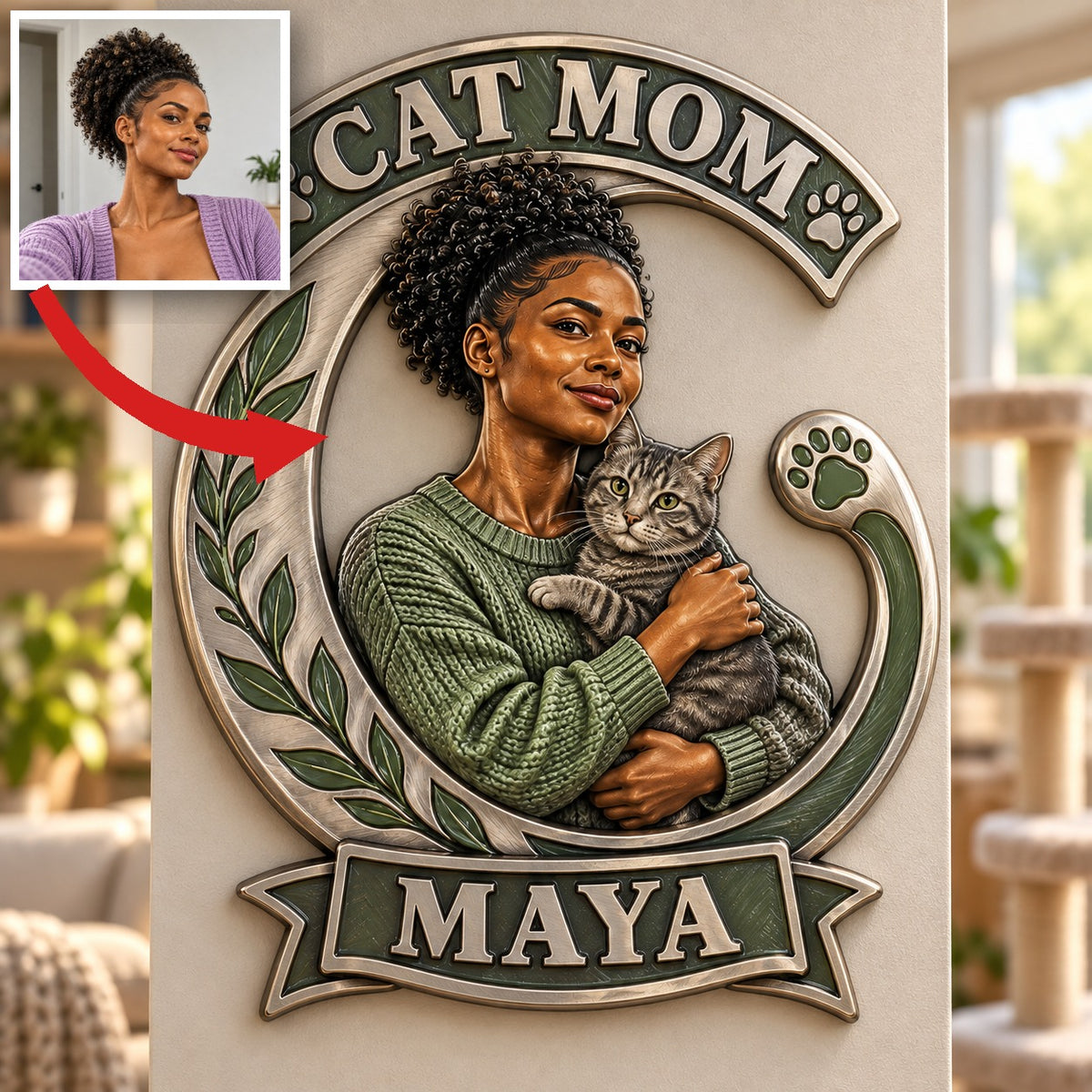 Personalisierte 3D-gedruckte Metalltafel für Katzenmamas - Geschenk für junge Frauen
