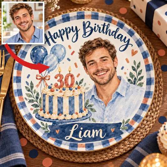 Personalized Birthday Ceramic Round Plate - Navy Gingham Watercolor Portrait Gift