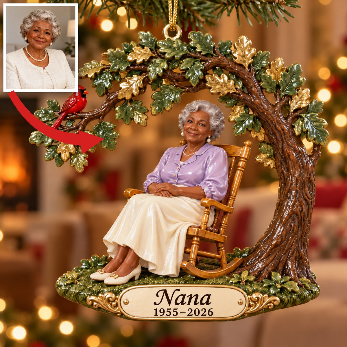 Personalized Custom Photo Oak Tree Rocking Chair Memorial 3D Christmas Ornament - Grandmother Remembrance Keepsake