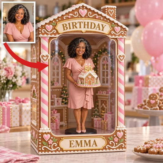 Personalisierte Foto Lebkuchenhaus-Figur in Acryl-Displaybox - 50. Geburtstagsgeschenk für Frauen