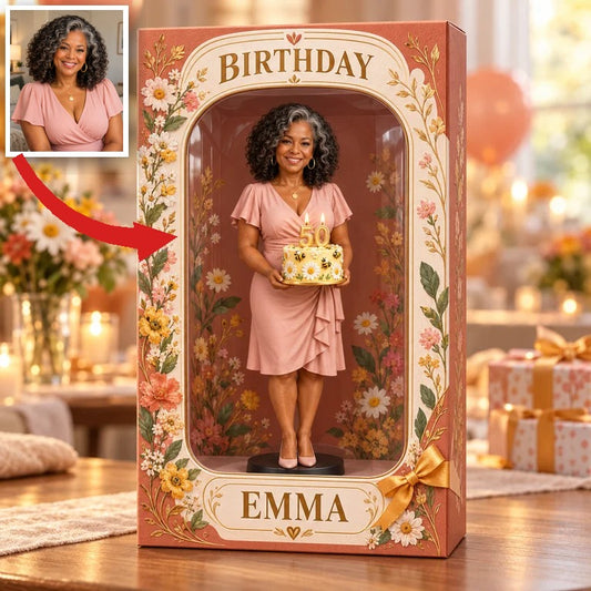Personalisierte Foto-Wildblumenfigurine in Acryl-Displaybox - 50. Geburtstagsgeschenk für Frauen