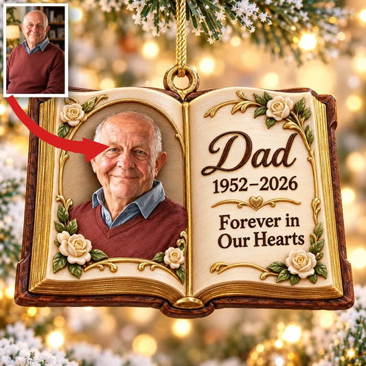 Personalized Custom Photo Dad Memorial Open Book Layered Wood Ornament - Christmas Remembrance Keepsake