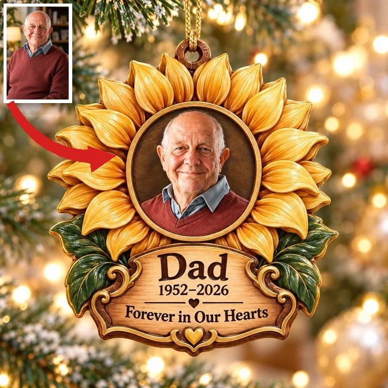 Personalized Custom Photo Dad Memorial Sunflower Layered Wood Ornament - Christmas Remembrance Keepsake