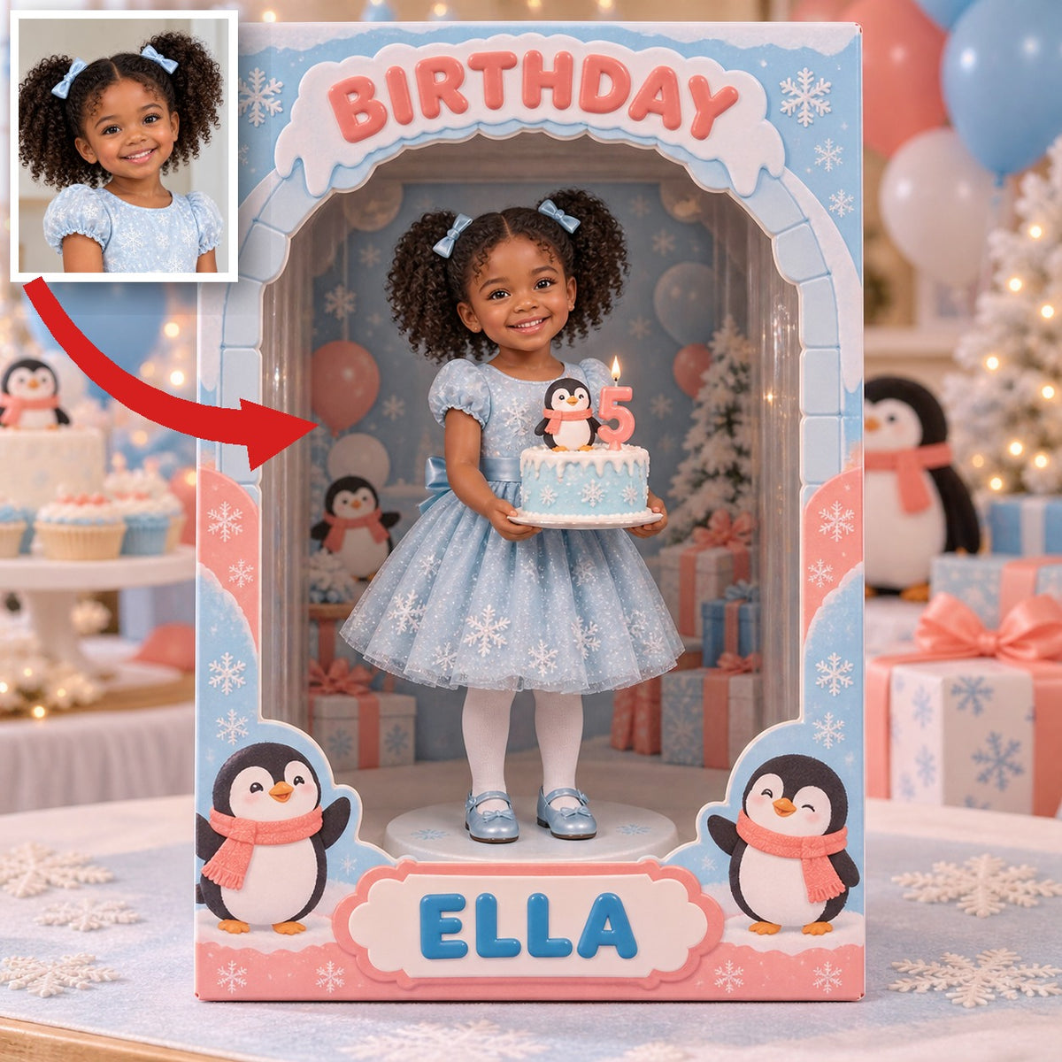 Personalisierte Acryl-Displaybox mit Foto-Pinguin - 5. Geburtstag Geschenk für Mädchen