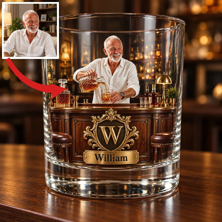 Personalized Whiskey Rocks Glass with Portrait, Name and Initial