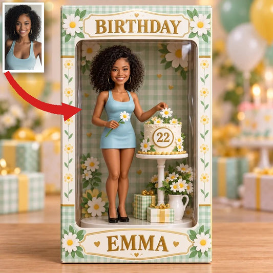 Personalisierte Geburtstagsfigurinen-Displaybox - Foto-Porträt mit individuellem Namen und Alter