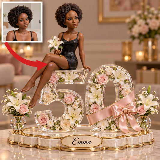 Personalized Custom Photo Floral Acrylic Number Figurine Display - 50th Birthday Gift for Women