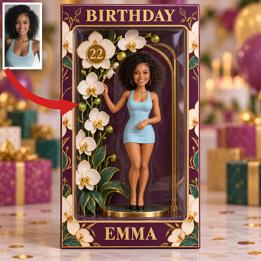 Personalized Orchid Birthday Display Box - Photo Portrait Figurine with Name and Age