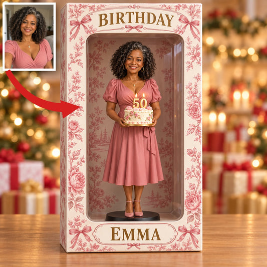 Personalisierte Fotofigurinen-Displaybox in Pink - 50. Geburtstagsgeschenk für Frauen
