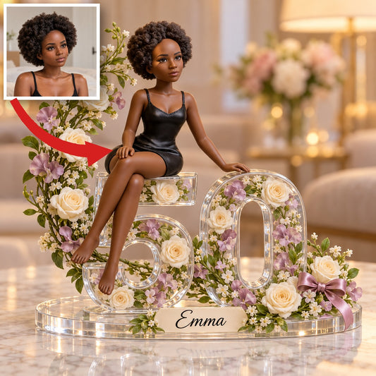 Personalized Custom Photo Floral Acrylic Number Figurine Display - 50th Birthday Gift for Women