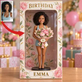 Personalized Birthday Display Box - Portrait Figurine, Bee Cake, Name and Age