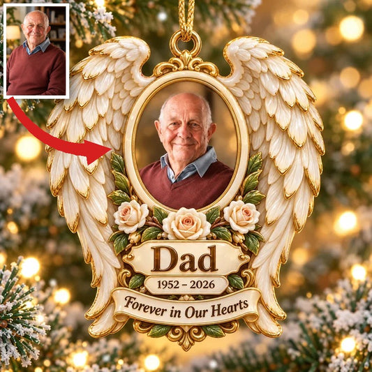 Personalized Custom Photo Dad Memorial Angel Wings Rose 3D Ornament - Christmas Remembrance Keepsake