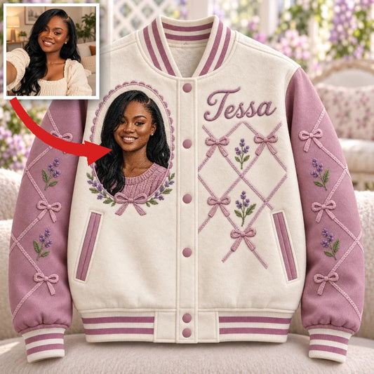 Personalized Birthday Varsity Jacket - Bow Lattice Portrait and Name