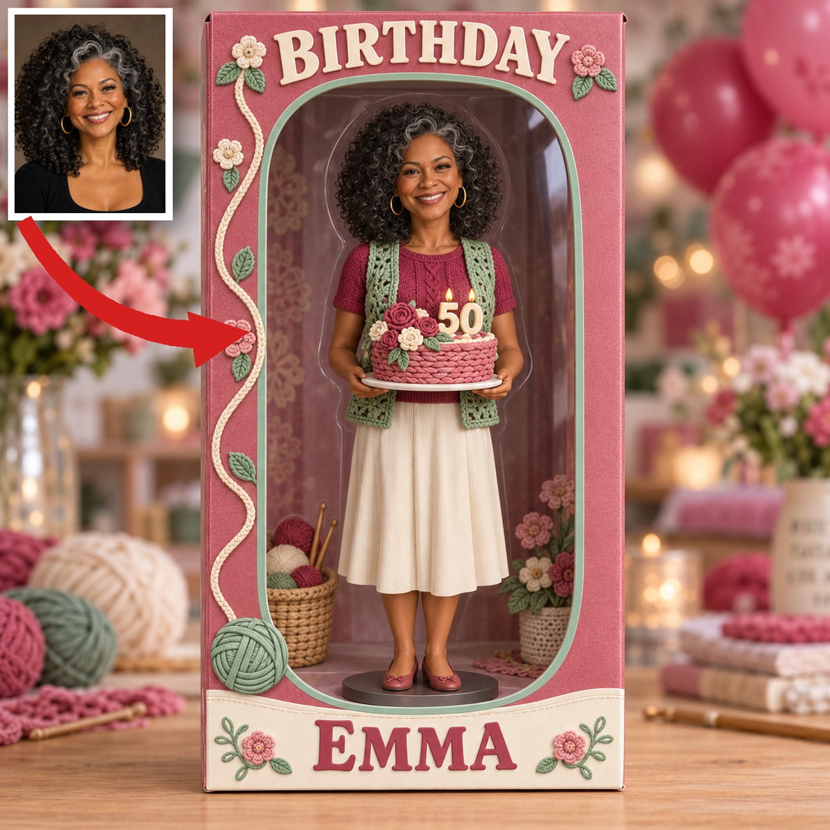 Personalized Crocheting Acrylic Display Box - 50th Birthday Photo Figurine Keepsake