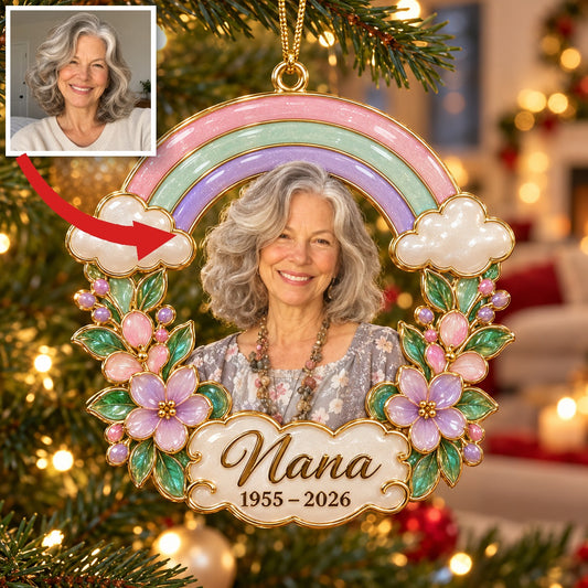 Personalized Custom Photo Rainbow Floral Memorial Christmas Ornament - In Memory of Grandma