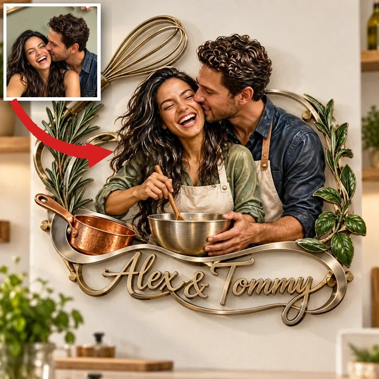 Personalized Custom Photo Cooking Couple 3D Metal Wall Art - Kitchen Decor Gift for Young Couples