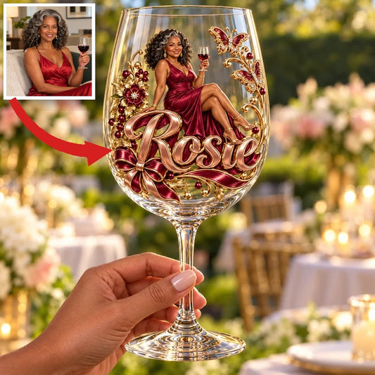 Personalized Custom Photo Floral Butterfly Wine Glass - Gift for Older Women