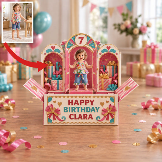 Personalized Birthday Pop Up Box Card - Arched Windows with Custom Photo, Name and Age