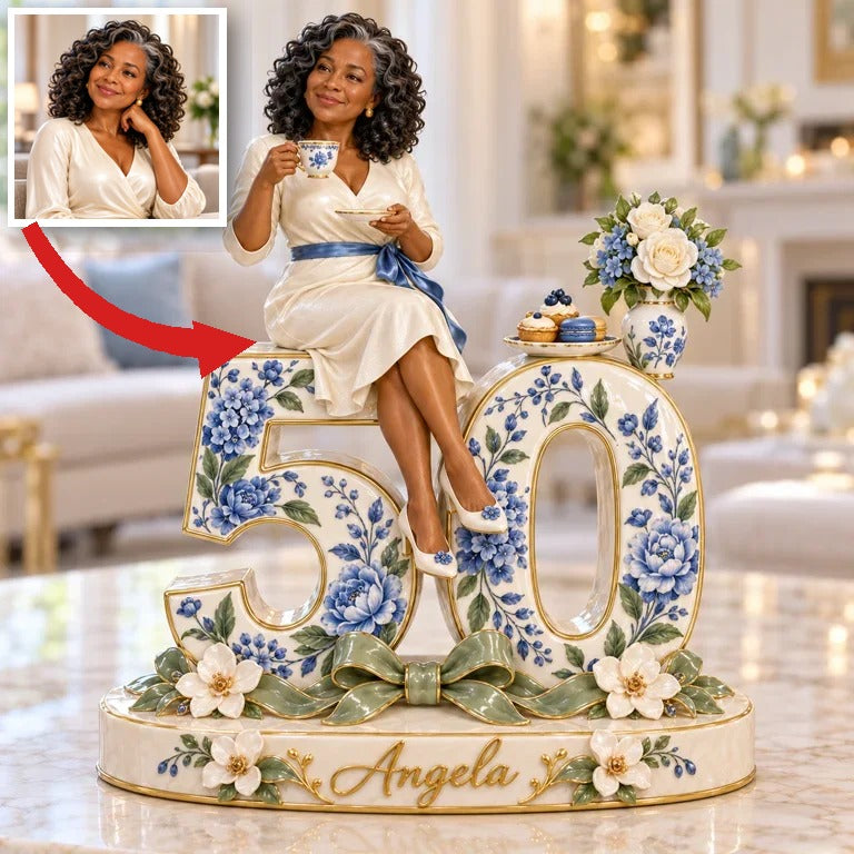 Personalized Tea Time Custom Shaped Acrylic Plaque, Custom Portrait 30th 40th 50th 60th 70th Birthday Gift for Mom, Grandma, Wife, Sister, Aunt, Tea Lover, Best Friend