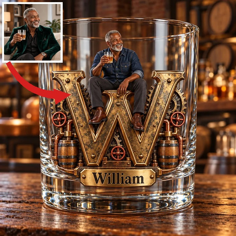 Personalized Custom Photo Industrial Monogram Whiskey Glass - Gift for Older Men Who Love Whiskey